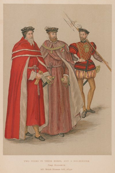 Twee edelen in hun gewaden en een hellebaardier in de Elizabethaanse tijd door English School