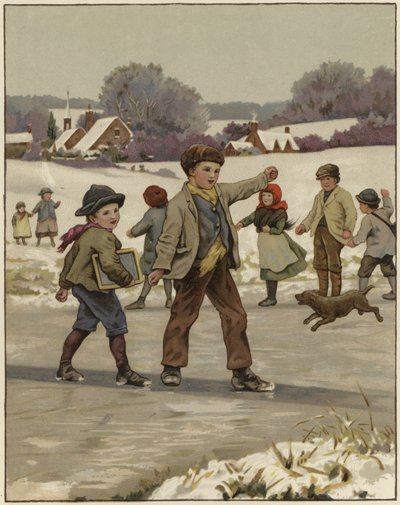 Twee jonge jongens schaatsen op een bevroren meer door English School