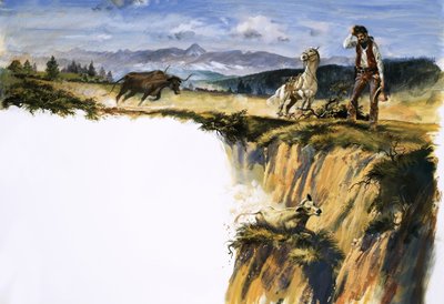 Onbekende cowboy krabt zich op het hoofd terwijl hij zich afvraagt hoe hij een stier kan redden door English School