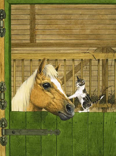 Onbekend paard en speelse kitten door English School