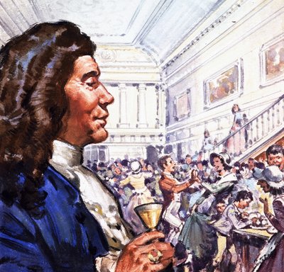 Onbekende man met klein drankje kijkt naar feest en dans door English School