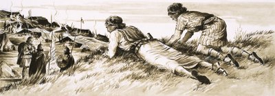 Ongeïdentificeerde scène van twee mannen die een Romeins kamp bespioneren door English School
