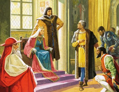 Ongeïdentificeerde scène met een man die knielt voor de koningin en haar hovelingen door English School