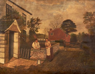 Zonder Titel (drie figuren buiten een Cottage gedateerd 1720), ca. 1830-70 door English School