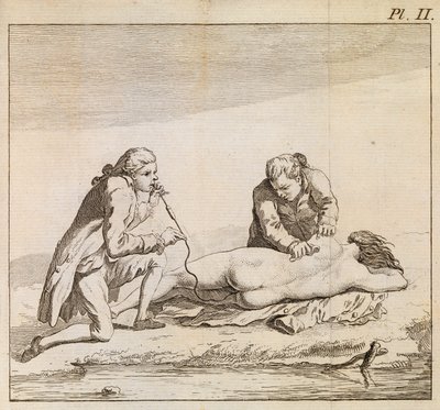 Het gebruik van een fumigator om tabaksrook in de ingewanden van een verdronken vrouw te blazen om reanimatie te bevorderen, ca. 1790 (gravure) door English School