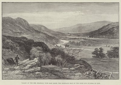 Vallei van de Dee, Braemar, met Mar Lodge, de Hooglandse zetel van de hertog en hertogin van Fife (gravure) door English School