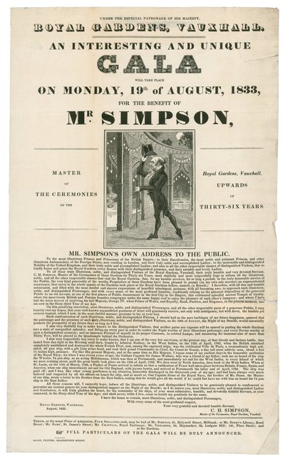 Vauxhall Gardens, Benefiet voor Mr. Simpson, 19 augustus 1833 door English School