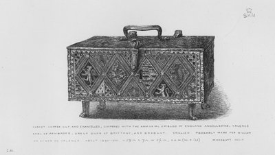 Victoria en Albert Museum: Kist, verguld koper en geëmailleerd, met de wapenschilden van Engeland, Angoulême, Valence, Graaf van Pembroke, Dreux Hertog van Bretagne, en Brabant, Engels, waarschijnlijk gemaakt voor William of Aymer de Valence, circa 1290-13 door English School