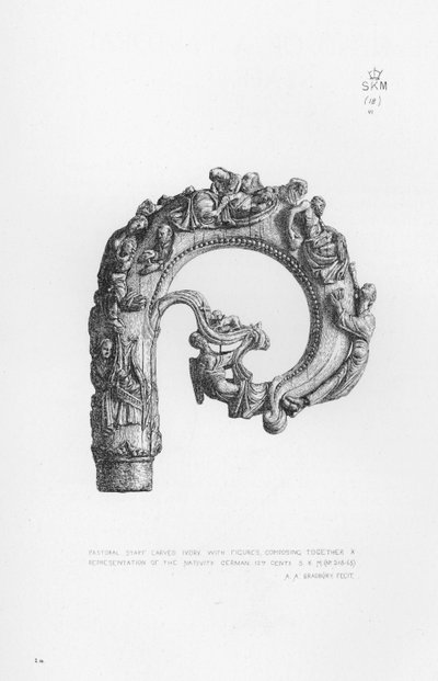 Victoria en Albert Museum: Herderlijke Staf, gesneden ivoor, met figuren, die samen een voorstelling van de geboorte vormen, Duits door English School