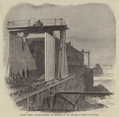 Victoria Bridge, doorsnede van de vorming van de buis en de structuur (gravure) door English School