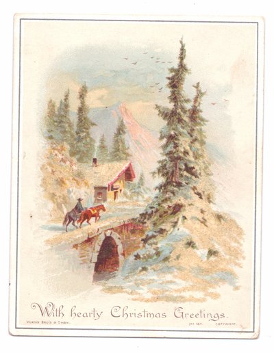 Victoriaanse kerstkaart van een man en twee paarden die een brug oversteken, ca. 1880 door English School