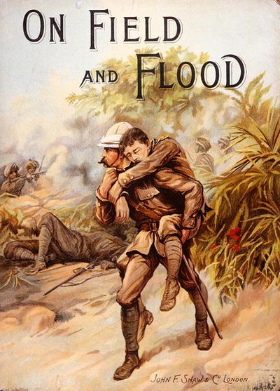 Victoriaans boekomslag met afbeelding van Chirurg-Kapitein Whitchurch die de V.C. wint door gewonde Kapitein Baird in veiligheid te brengen onder zwaar vuur in de Chitral-campagne, India, maart 1895 (kleur litho) door English School