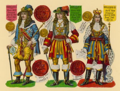 Victoriaanse prent: Koning Karel II, Koning Jacobus II, Koning Willem III door English School