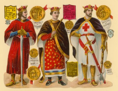 Victoriaanse prent: Koning Stephen, Koning Hendrik II, Koning Richard I door English School