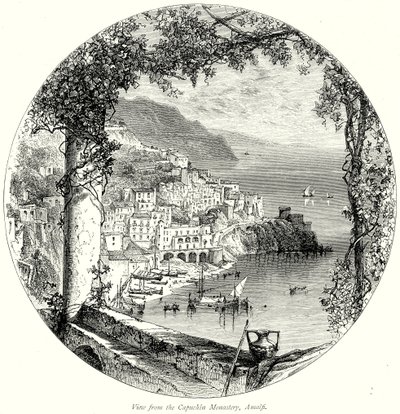 Uitzicht vanaf het kapucijnenklooster, Amalfi (gravure) door English School