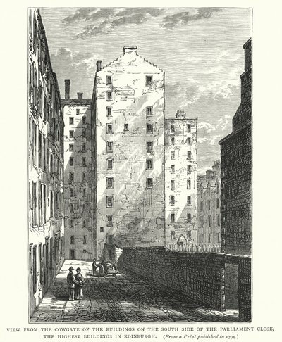 Uitzicht vanaf de Cowgate op de gebouwen aan de zuidkant van de Parliament Close, de hoogste gebouwen in Edinburgh door English School