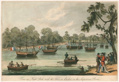 Uitzicht in Hyde Park met de Vloot voor Anker op de Serpentine Rivier. Naumachia. Vrede van 1814 door English School