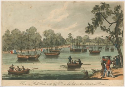 Uitzicht in Hyde Park met de vloot voor anker op de Serpentine River. Naumachia. Vrede van 1814 door English School