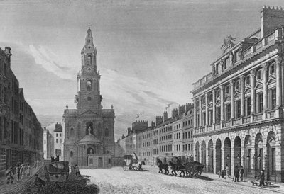 Uitzicht op de Strand, inclusief de noordelijke gevel van Somerset House en de kerk van St Mary-Le-Strand, Westminster door English School