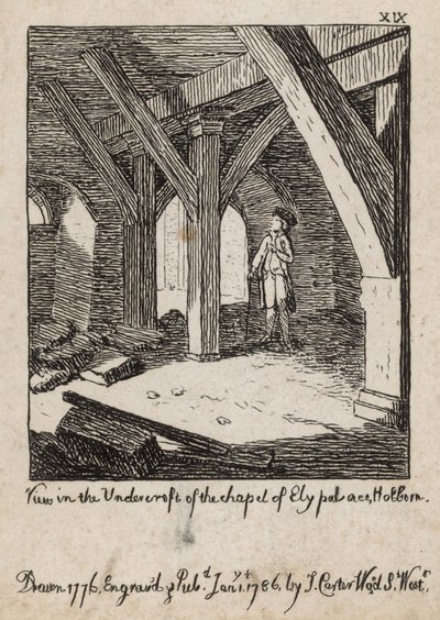 Uitzicht in de onderbouw van de kapel van Ely Palace, Holborn door English School