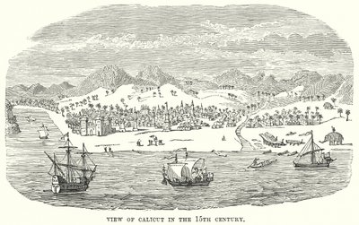 Gezicht op Calicut in de 15e eeuw (gravure) door English School