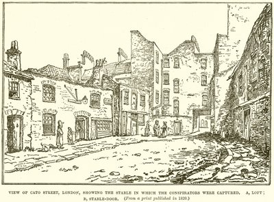 Uitzicht op Cato Street, Londen, met de stal waar de samenzweerders werden gevangengenomen door English School