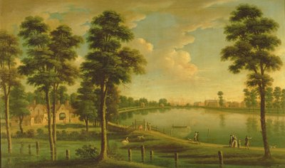 Uitzicht op Chelsea Reservoir en Waterwerken, met Westminster Abbey in de verte, c.1725 door English School