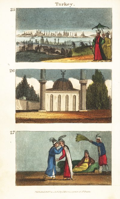 Uitzicht op Constantinopel (Istanbul) in het begin van de 19e eeuw 25, Moslimmoskee met koepel en minaretten 26, en jonge Griekse vrouwen die elkaar op de ogen kussen 27 door English School