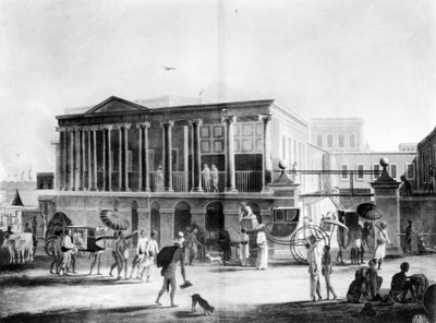 Uitzicht op een huis, fabriek en bazaar in Calcutta, gegraveerd door Francis Jukes, 1795 door English School