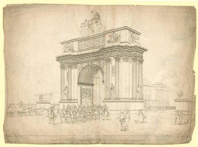 Uitzicht op een triomfboog voorgesteld om te worden opgericht bij Hyde Park Corner door English School