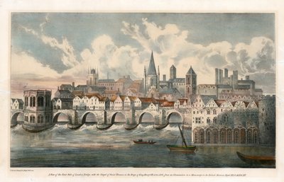 Uitzicht op de oostkant van de Oude Londense Brug vanuit BM Royal MSS door English School