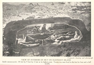 Uitzicht op het interieur van een hut op Elephant Island, uit 