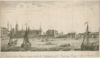 Uitzicht op oude London Bridge zoals het verscheen na de brand van 1758 door English School