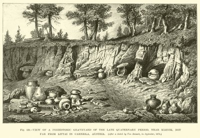 Uitzicht op een prehistorische begraafplaats uit het Laat-Kwartair, nabij Klenik, niet ver van Littai in Carniola, Oostenrijk door English School