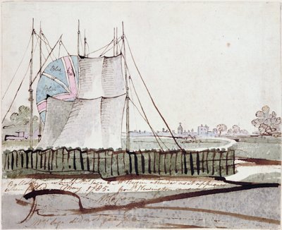 Uitzicht op de ballon in Newington Causeway, mei 1785 door English School