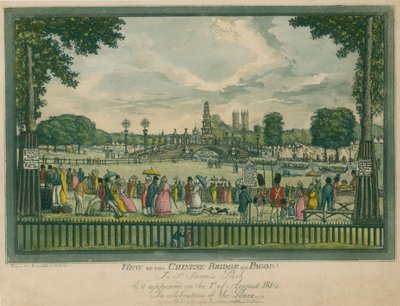 Uitzicht op de Chinese Brug en Pagode in St Jamess Park, Londen, zoals het verscheen op 1 augustus 1814 door English School