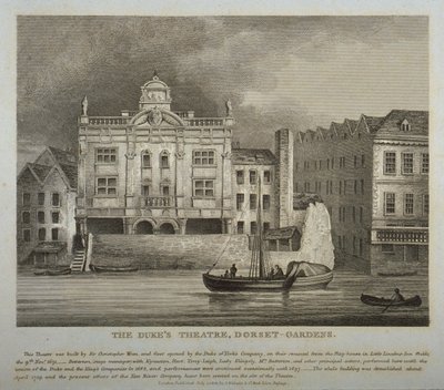 Uitzicht op het Dukes Theatre, Dorset Gardens, vanaf de rivier de Theems, 1814 door English School