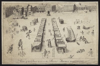 Uitzicht op de kermis gehouden op de rivier de Theems, 1683-1684 door English School