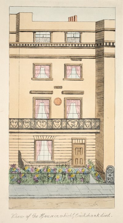Uitzicht op het huis waarin George Cruikshank stierf, pub. c.1878 (handgekleurde gravure) door English School