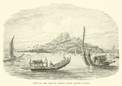 Uitzicht op het eiland Tahiti, met inheemse kano