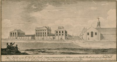 Uitzicht op het huis van de Right Hon de Graaf van Chesterfield nabij Hyde Park, genomen vanaf de Parkmuur door English School