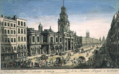 Zicht op de Royal Exchange, Londen, gegraveerd door Pierre Moithey door English School