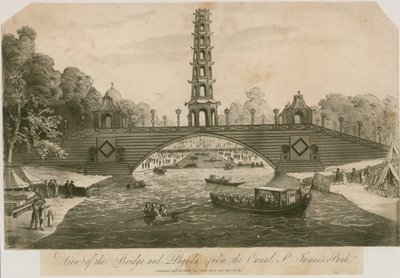 Uitzicht op de brug en pagode vanaf het kanaal, St James