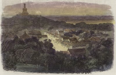 Uitzicht op de tuinen en de boeddhistische tempel in de Keizerlijke Stad door English School