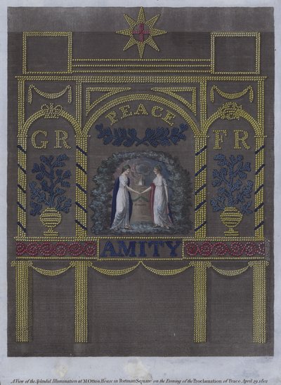 Uitzicht op de prachtige verlichting bij het huis van M Otto in Portman Square, Londen, op de avond van de vredesverklaring, 29 april 1802 door English School