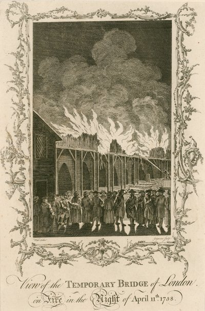 Uitzicht op de tijdelijke brug van Londen in brand in de nacht van 11 april 1758 door English School