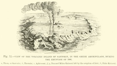 Uitzicht op het vulkanische eiland Santorin, in de Griekse archipel, tijdens de uitbarsting van 1866 door English School