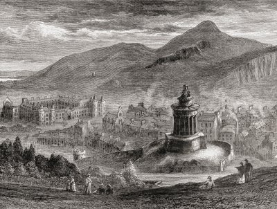 Uitzicht over Edinburgh vanaf het Burns Monument op Calton Hill, uit 