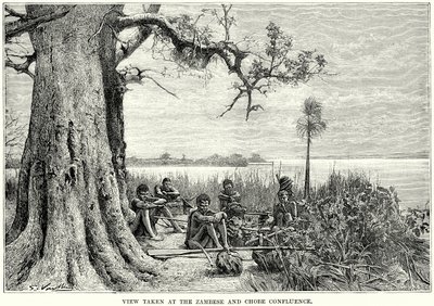 Gezicht bij de samenvloeiing van Zambese en Chobe (gravure) door English School