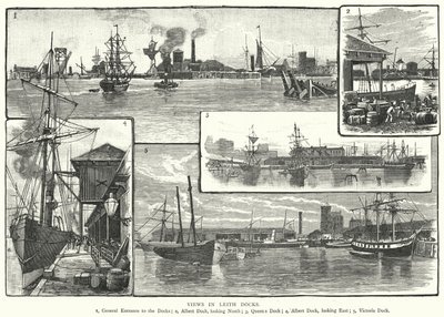 Uitzichten in Leith Docks (gravure) door English School